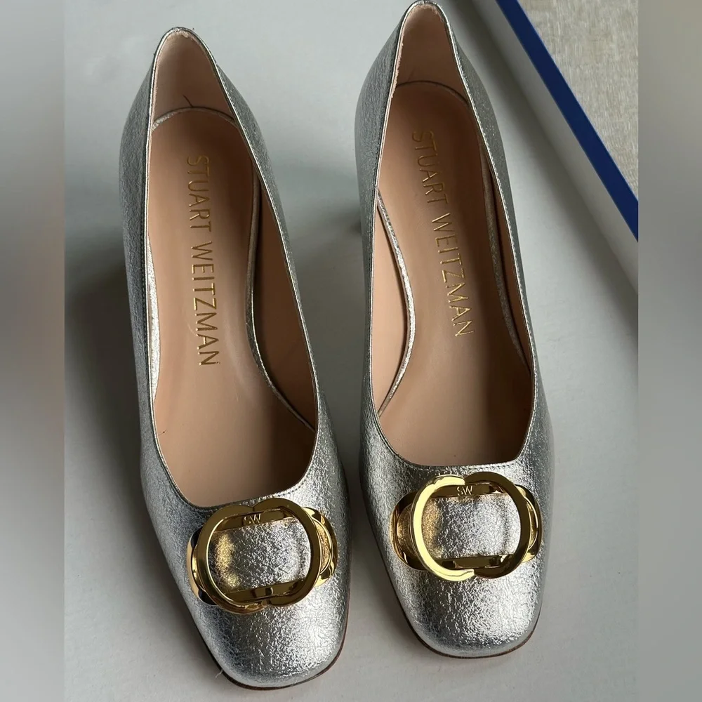Stuart Weitzman Anicia Metallic Silver Leather Pumps Gold Logo Size 7.5 - Picture 3 of 16